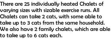 There are 25 individually heated Chalets of varying sizes with sizable exercise runs. All Chalets can take 2 cats, with some able to take up to 3 cats from the same household. We also have 2 family chalets, which are able to take up to 6 cats each.